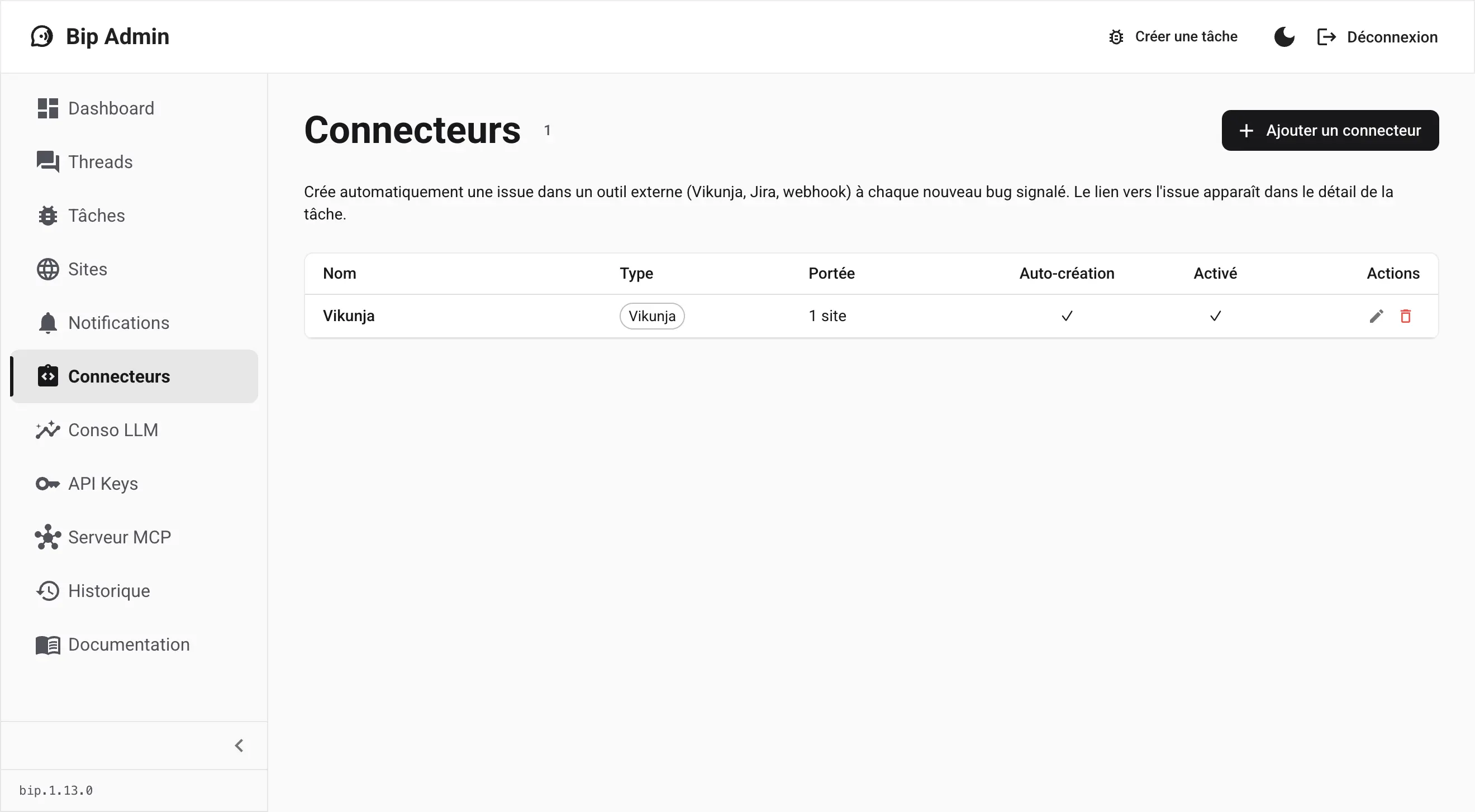 Connecteurs dans l’admin