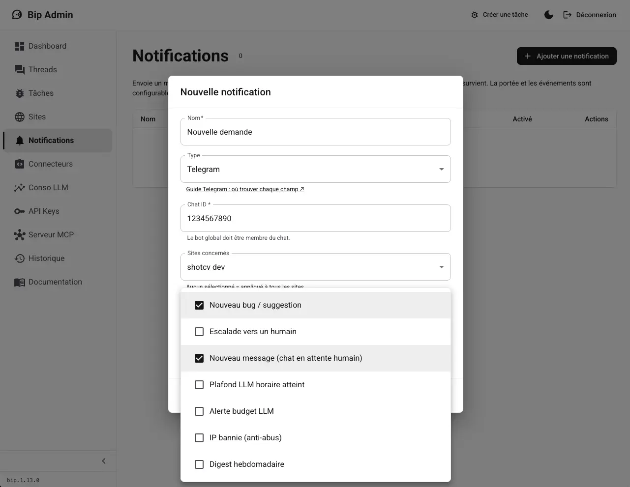 Notifications dans l’admin