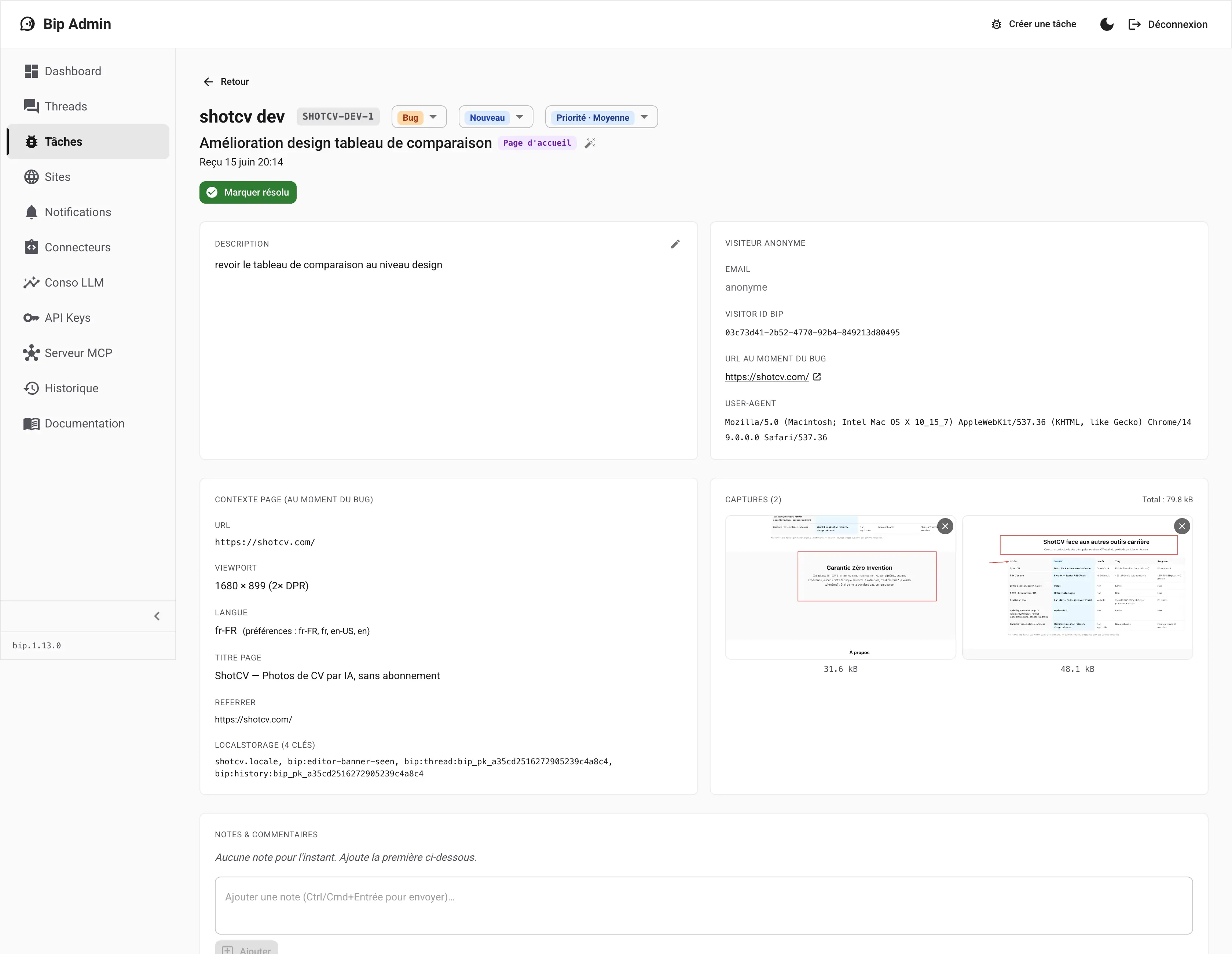 Détail d’un ticket dans l’admin
