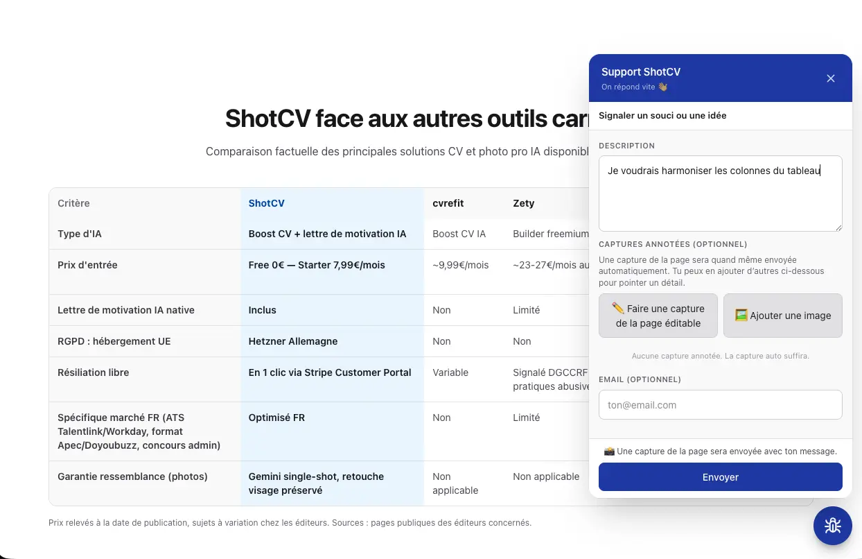 Le widget Bip ouvert sur un site